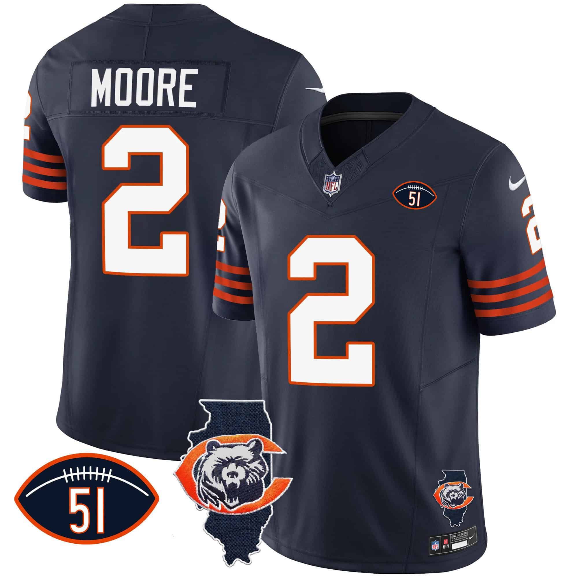 Men Chicago Bears #2 Moore Blue 2024 Nike Throwback Illinois Patch Vapor NFL Jersey style 1